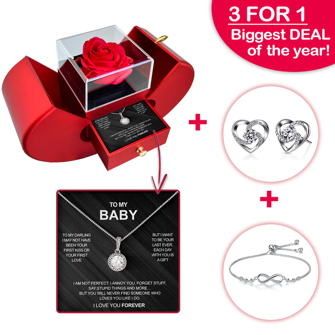 Sterling Silver Necklace with Real Rose + Earrings & Bracelet